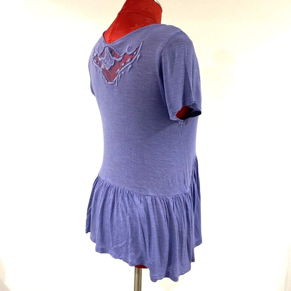 Free People baby doll peplum top blue slub knit lace embroidery details Boho XS